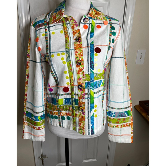 Sandy Starkman Jacket Womens Sz Small White Floral Button Front 80s 90s Colorful - Picture 8 of 9